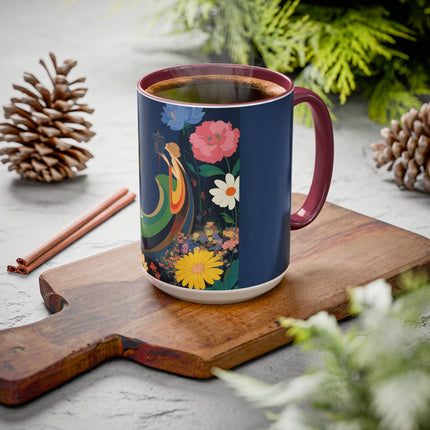 The Lady And The Crimson Moonbird Colorful Mugs – Art Deco Whimsical Garden Elegance