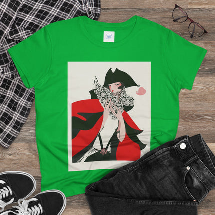 Crimson Masquerade Women's Midweight Cotton Tee – Dramatic Elegance & Art Deco Mystery