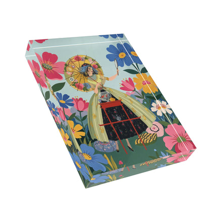 🌸🪞 The Lady Of The Flower Parasol Acrylic Art Block – Art Deco Garden Whimsy