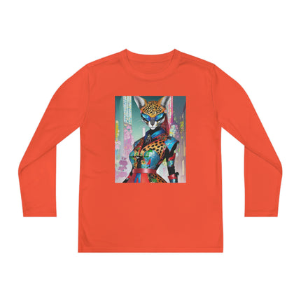 Cyber Cat Glamour Youth Long Sleeve Competitor Tee – Neon Elegance & Futuristic Style