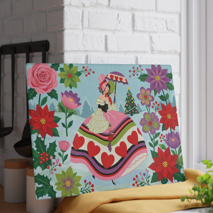❤️🌺 The Lady Of The Christmas Heart Garden Glass Cutting Board – Art Deco Holiday Romance