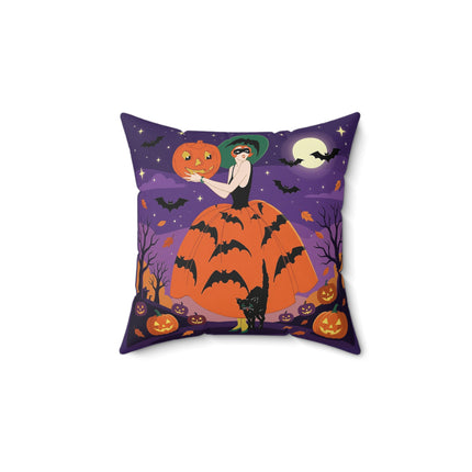 🎃🌕 The Pumpkin Moon Enchantress Square Pillow – Elegant Halloween Masquerade