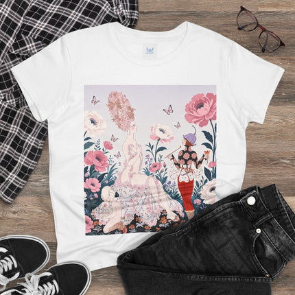 🌸🦋 The Enchanted Rose Garden Encounter Cotton Tee – Art Deco Floral Whimsy