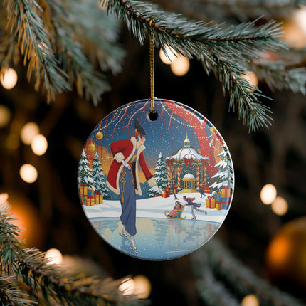 ⛸️🎄 The Christmas Skating Pavilion Ceramic Ornament – Art Deco Holiday Fantasy