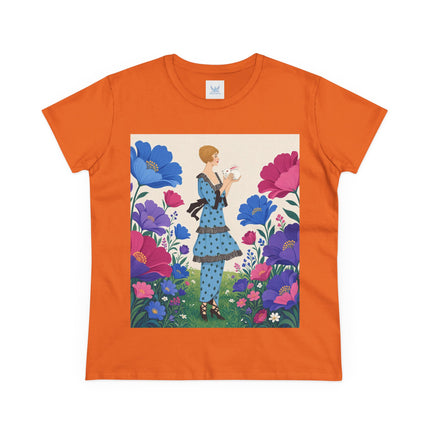 🐇🌺 The Little Rabbit Garden Cotton Tee – Art Deco Floral Whimsy
