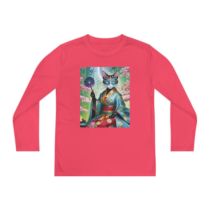 Cyberpunk Geisha Youth Long Sleeve Competitor Tee – Neon Elegance & Futuristic Fantasy