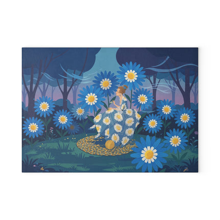 🌼🧶 The Lady Of The Blue Daisy Garden Glass Cutting Board – Art Deco Floral Elegance