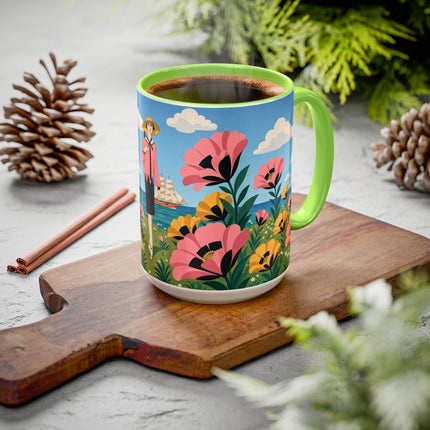 🌸⛵ The Seaside Blossom Promenade Colorful Mug – Art Deco Coastal Elegance