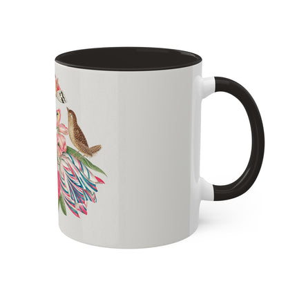 Pair of Brown Birds on Bouquet with Tulip, Rose, Snapdragons, and Butterflies by Anonymous Colorful Mugs, 11oz
