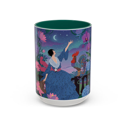 The Lady And The Morning Song Colorful Mugs – Art Deco Botanical Elegance