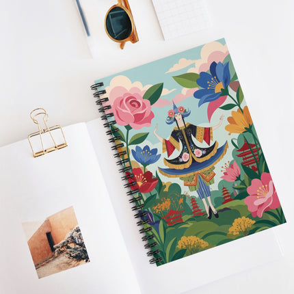 🌸🏯 The Lady Of The Pagoda Garden Spiral Notebook – Art Deco Floral Fantasy