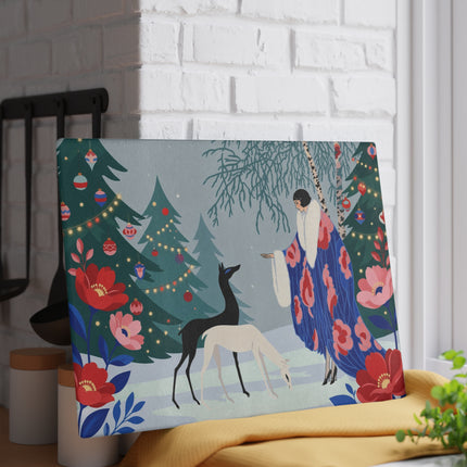 🦌🌲 The Lady Of The Christmas Forest Glass Cutting Board – Art Deco Holiday Elegance
