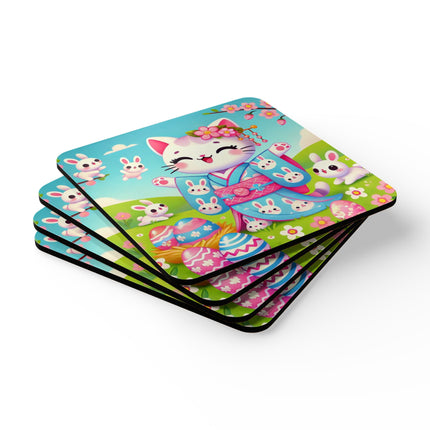 Springtime Kitten’s Easter Joy Corkwood Coaster Set