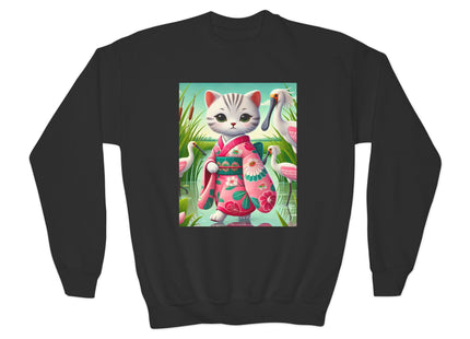 Geisha Kitten Strolls Among the Spoonbills Youth Crewneck Sweatshirt