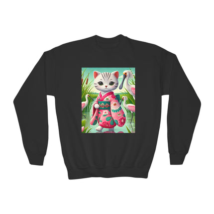 Geisha Kitten Strolls Among the Spoonbills Youth Crewneck Sweatshirt – Grace, Nature & Whimsical Elegance