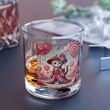 Whimsical Geisha Kitten in a Valentine Garden Rocks Glass, 10oz