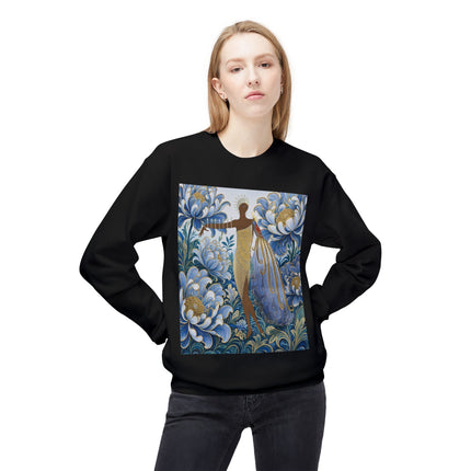 💙✨ The Lady Of The Gilded Blue Blossom Garden Midweight Crewneck Sweatshirt – Art Deco Floral Elegance