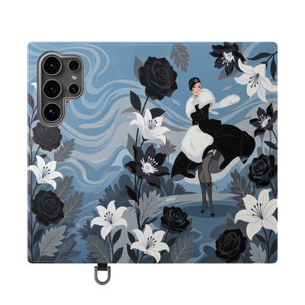 🖤🤍 The Lady Of The Black Rose Garden Flip Case – Art Deco Floral Elegance