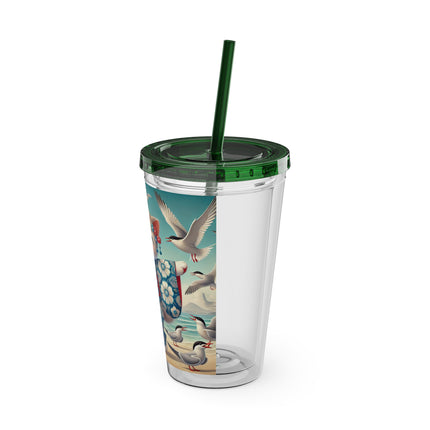 Geisha Kitten by the Seaside Sunsplash Tumbler with Straw, 16oz