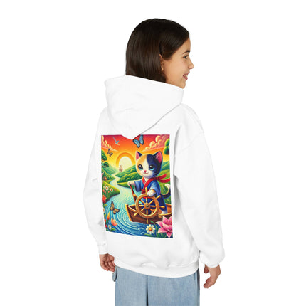 Sailor Kitten’s River Adventure Youth Hooded Sweatshirt – Playful Journey & Colorful Discovery