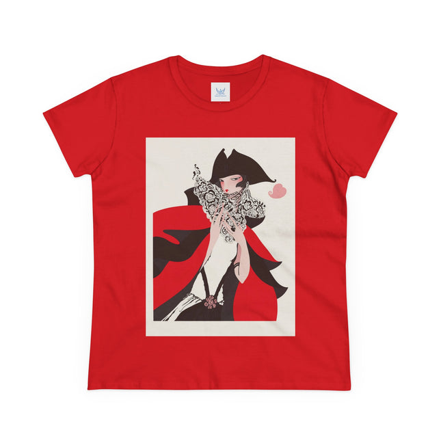 Crimson Masquerade Women's Midweight Cotton Tee – Dramatic Elegance & Art Deco Mystery