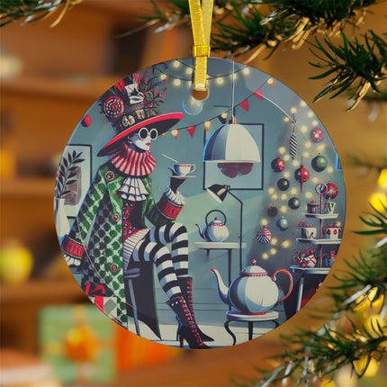 Whimsical Christmas Tea Party Glass Ornament