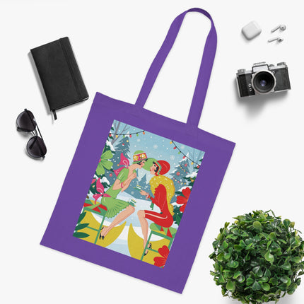 🎄☕ Christmas Tea In The Snow Garden Cotton Tote Bag – Art Deco Holiday Friendship
