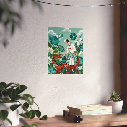 🐉🌿 The Lady Of The Enchanted Dragon Matte Vertical Poster – Art Deco Botanical Whimsy