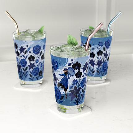 ☔💙 The Blue Rain Promenade Pint Glass – Art Deco Floral Fashion