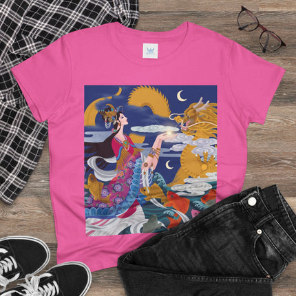 Dragon Pearl Offering Women's Midweight Cotton Tee – Mystical Fantasy & Golden Grace