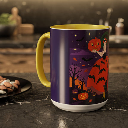🎃🌕 The Pumpkin Moon Enchantress Colorful Mug – Elegant Halloween Masquerade