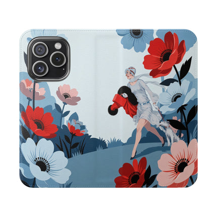 🌺🐕 The Lady Of The Flower Walk Flip Case – Art Deco Garden Stroll