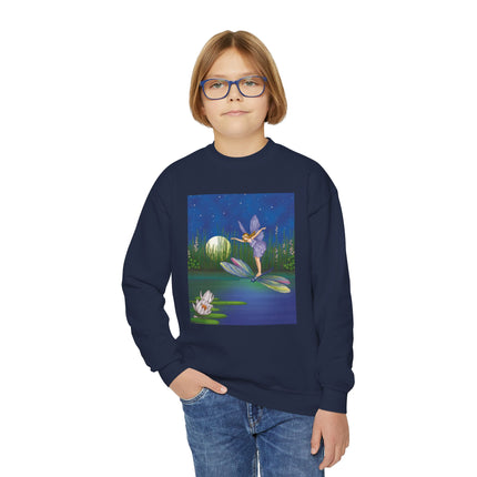 Fairy on a Dragonfly Youth Crewneck Sweatshirt – Enchanting Moonlit Fantasy