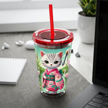 Geisha Kitten Strolls Among the Spoonbills Sunsplash Tumbler with Straw, 16oz