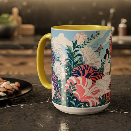 🌸🦋 The Enchanted Pink Blossom Retreat Colorful Mug – Art Deco Floral Whimsy