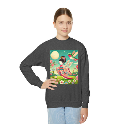 Geisha Fairy and the Hummingbird Blossom Youth Crewneck Sweatshirt – Magic, Grace & Dreamlike Beauty