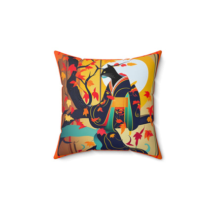 Black Cat in Kimono Spun Polyester Square Pillow