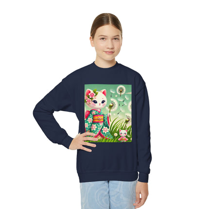 Geisha Kitten and the Dandelion Wish Youth Crewneck Sweatshirt – Gentle Magic, Dreams & Quiet Beauty