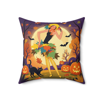 🌕🍂 Autumn Song Beneath The Harvest Moon Square Pillow – Whimsical Halloween Charm