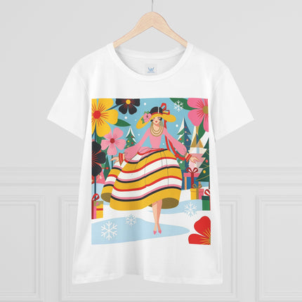 🎄🌸 The Christmas Blossom Belle Cotton Tee – Art Deco Holiday Whimsy