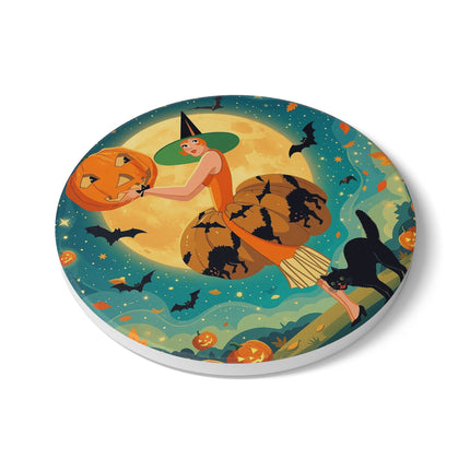 🦇🎃 The Witch Of Batwing Pumpkin Hollow Ceramic Coaster – Moonlit Halloween Charm