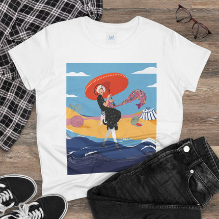 Beachside Promenade Women's Midweight Cotton Tee – Summer Glamour & Coastal Joy