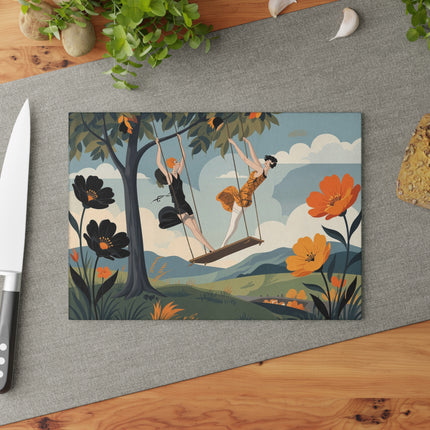 🌳🧡 The Ladies Of The Autumn Swing Glass Cutting Board – Art Deco Woodland Whimsy