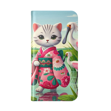 🦩🌸 Geisha Kitten Strolls Among the Spoonbills Flip Case – Serene Grace & Marshland Wonder
