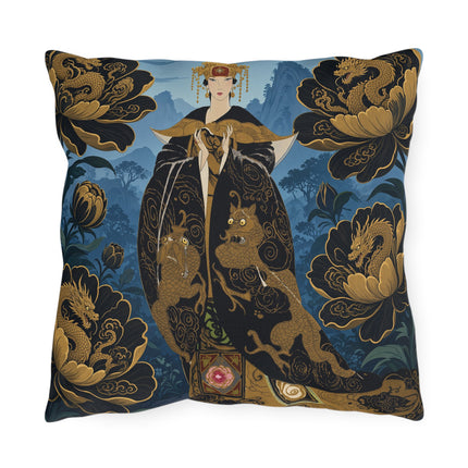 🐉🌺 The Golden Dragon Empress Outdoor Pillow – Art Deco Oriental Fantasy