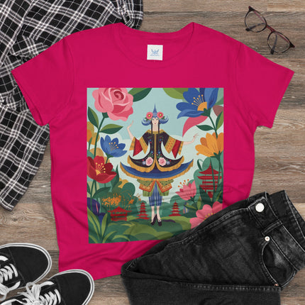 🌸🏯 The Pagoda Garden Enchantress Cotton Tee – Colorful Art Deco Fashion Fantasy