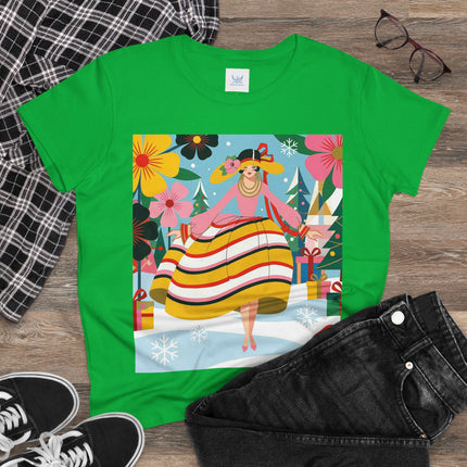 🎄🌸 The Christmas Blossom Belle Cotton Tee – Art Deco Holiday Whimsy