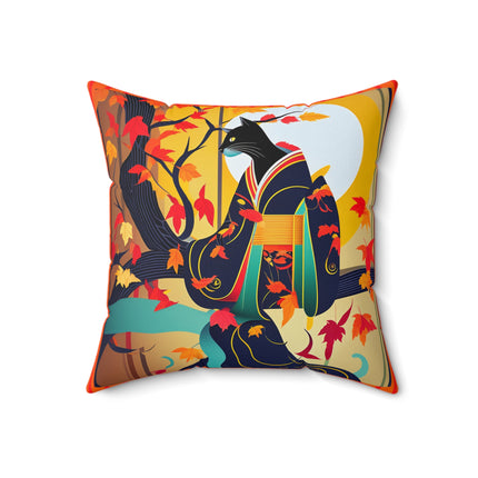 Black Cat in Kimono Spun Polyester Square Pillow
