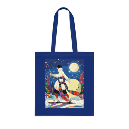 🎿🌙 The Moonlit Christmas Skier Cotton Tote Bag – Art Deco Holiday Adventure