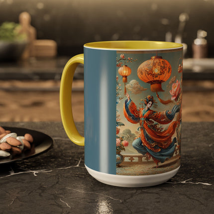 Golden Dragon & Lantern Lady Colorful Mug – Imperial Dragon & Elegant Harmony